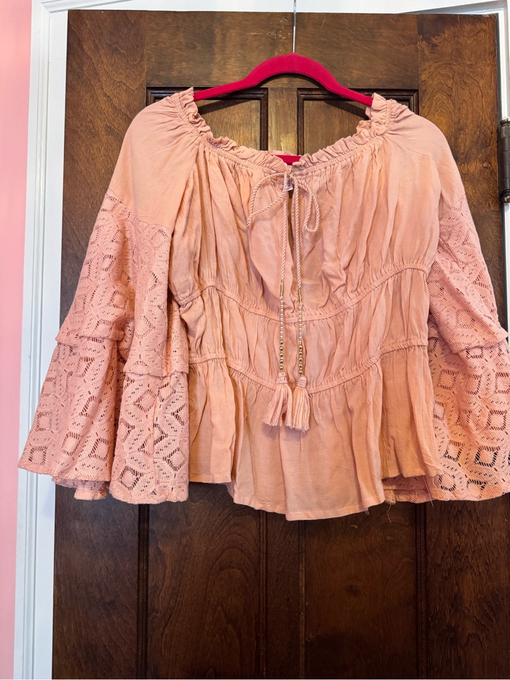 Boho Peasant Blouse with Crochet Bell Sleeves - Peach
